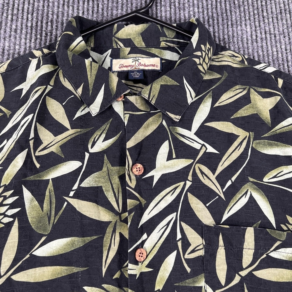 Tommy Bahama Mens Shirt XL Extra Large Black Floral Hawaiian Silk Button Up